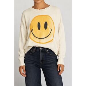 PISTOLA Eva Smiley Face Cropped Graphic Sweater M Casual Distressed Cotton